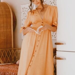 Peach Love California Apricot Orange Button Front Tie Sleeve Dress Boho Small